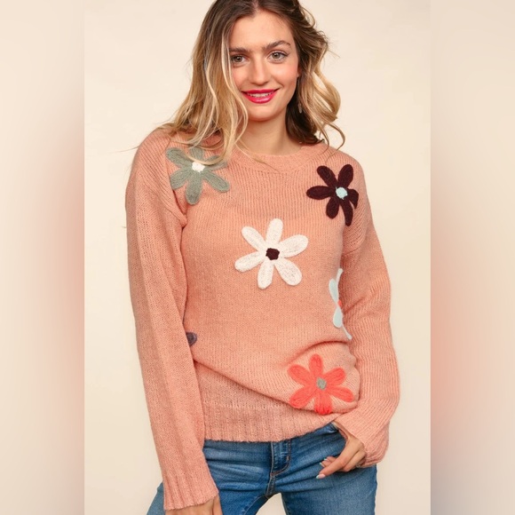 Peach Soft Fuzzy Lightweight Knit Sweater with Floral Knitted Details, Crew Neck - Picture 3 of 13